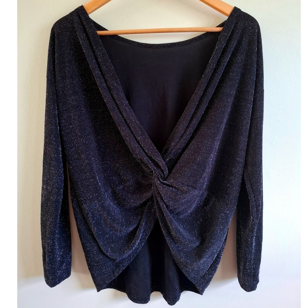 Cherish Metallic Black Iridescent Glitter Open Back Twist Drape Top Y2K S T21961